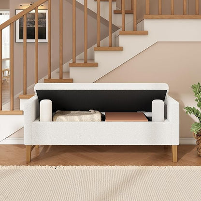 Merax Boucle Upholstered Storage Ottoman Bench 50.8" End of Bed Bench with 2 Round Pillows & Solid Wood Legs, Ample Hidden Storage Space, for Entryway Bedroom, Ivory