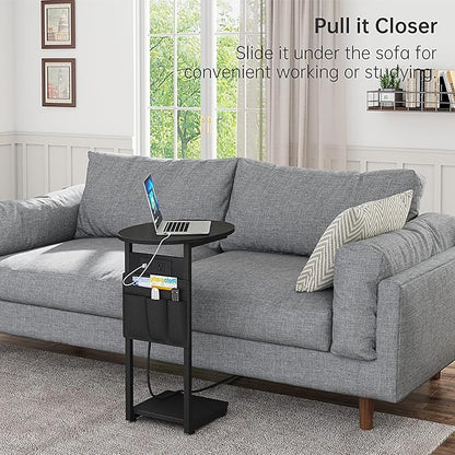 Vagusicc C Shaped End Table with Charging Station, Small Side Table for Couch, TV Tray Slide Under Sofa Table for Living Room Bedroom, Round Couch Side Table C Table for Sofa, Black