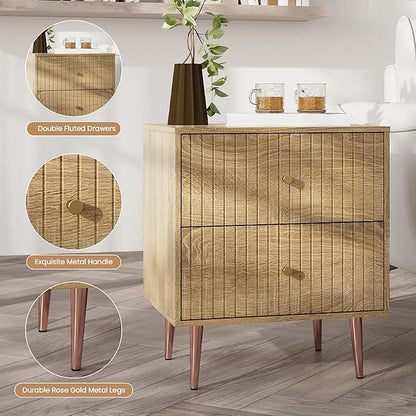 Wood Night Stand Set 2,Modern Bedside Table with Door and Open Storage Space,Fluted Nightstand and Wood End Side Table with Rose Gold Metal Legs and Handles for Bedroom,Living Room,Natural