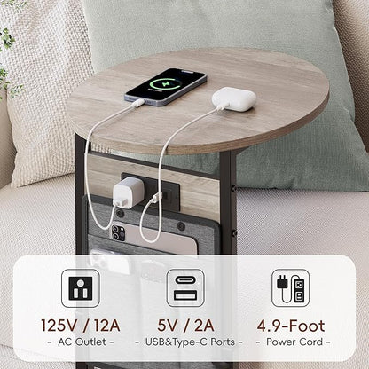 Vagusicc C Shaped End Table with Charging Station, 32" Tall Side Table for Couch and Recliner, Adjustable Height Small Couch Side Table Slide Under Sofa TV Tray Table for Living Room, Bedroom, Greige