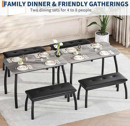 3 Piece Farmhouse Dining Table Set for 4, Compact Rustic Kitchen Table with 2 Padded Benches, Space Saving Breakfast Nook Furniture Set for Small Spaces, Apartments, Grey