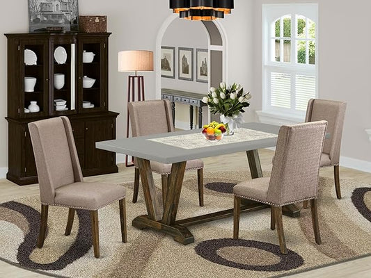 East West Furniture V797FL716-5 5 Piece Modern Dining Table Set Includes a Rectangle Wooden Table with V-Legs and 4 Dark Khaki Linen Fabric Parson Dining Chairs, 40x72 Inch, Multi-Color