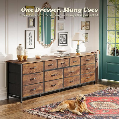 Huuger 70 Inch Dresser for Bedroom, TV Stand for 65, 75, 80 Inch TV, 13 Fabric Drawer Long Dresser, Large Entertainment Center for Bedroom, Wide Chest of Drawer with Storage, Rustic Brown