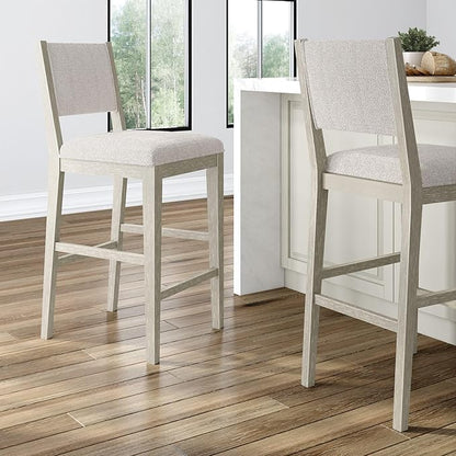 Plank+Beam Sereno Bar Stool, 30", Set of 2, Sturdy Wood Modern Kitchen Bar Height Stool, Upholstered Cushion Bar Chair with Back, Antique White/Ivory