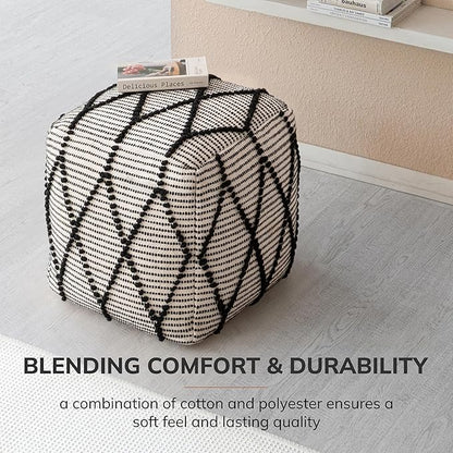 Anji Mountain 100% Handmade & Handcrafted Comfortable Home Décor Pouf Ottoman Footrest for Living Room, Bedroom, Nursery, Kidsroom, Patio Furniture - (19" x 19" x 17"- Black,White)