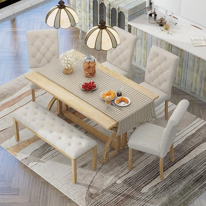 SogesPower 6-Piece Dining Table Set, Rectangular Farmhouse Kitchen Dining Table Set with 4 Upholstered Chairs & 1 Bench, Retro Kitchen Table Set for 4-6 for Dining Room Living Room,Natural Wood Wash