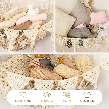 Stuffed Animal Hammock Corner | Sturdy Handcrafted Stuffed Animal Net | 4mm Double Macrame Cord Stuffed Animal Holder | Natural 100% Cotton Plushie Net | Toy Hammock w/LED Light (Ice Cream)