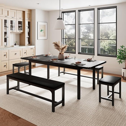 5-Piece Dining Table Set for 4-6, 63" Extendable Kitchen Table with 2 Benches & 2 Stools, Metal Frame & MDF Board, Farmhouse Space-Saving Dinette for Kitchen, Dining Room, Black