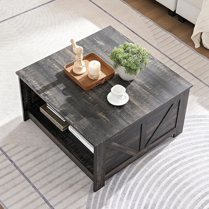 Farmhouse Coffee Table for Living Room, Wood Square Coffee Tables, 31.5" D x 31.5" W, Dark Rustic Oak