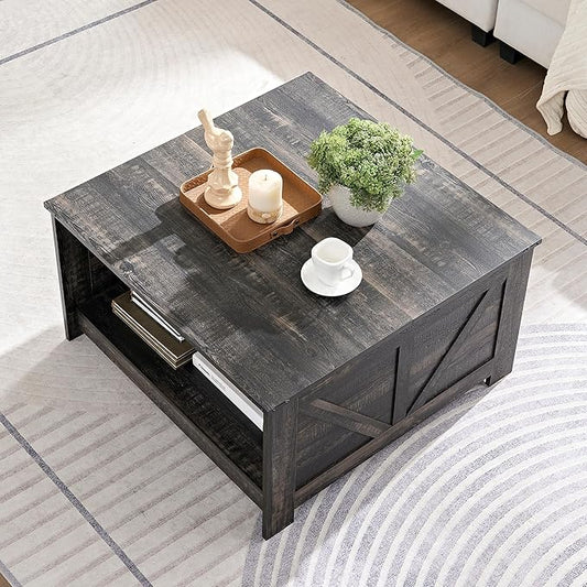 Farmhouse Coffee Table for Living Room, Wood Square Coffee Tables, 31.5" D x 31.5" W, Dark Rustic Oak