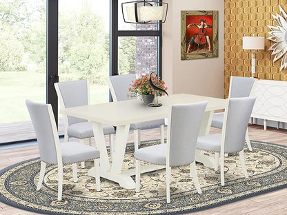 East West Furniture V027VE005-7 7 Piece Dining Set Consist of a Rectangle Dining Room Table with V-Legs and 6 Grey Linen Fabric Upholstered Parson Chairs, 40x72 Inch, Multi-Color
