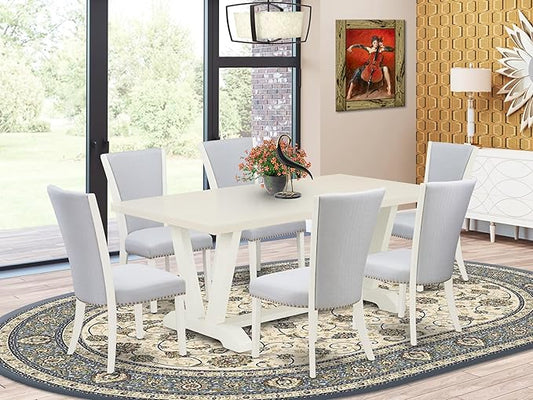 East West Furniture V027VE005-7 7 Piece Dining Set Consist of a Rectangle Dining Room Table with V-Legs and 6 Grey Linen Fabric Upholstered Parson Chairs, 40x72 Inch, Multi-Color