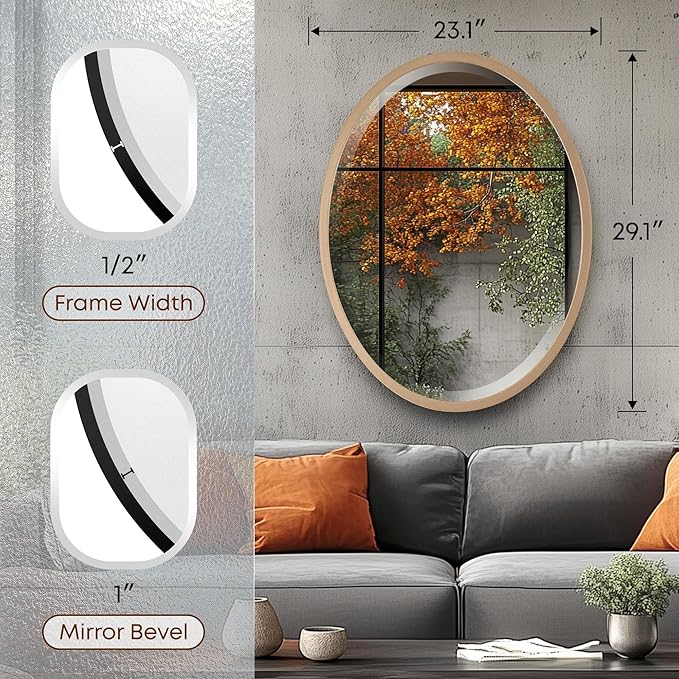 OVALCREST - Oval Wooden Beveled Wall Mirror for Home Decor, Bathroom, Vanity, Bedroom, Living Room, Hallway - London Style (Gold Spray) 23.1 x 29.1