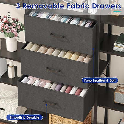 73.6" Tall Bookshelf with 3 Drawers and 16 Storage Shelves, Industrial Bookcase with 16 Open Display Shelves, Large Etagere Bookshelf, Triple Wide Book Shelf Book Case for Home & Office, Black