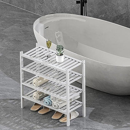 Shoe Rack 2-Tier Organizer-Stackable Storage Shelf with Multi-Function Combinations-Free Standing Bamboo Shoe Racks for Closet,Entryway,Hallway,Bathroom,Living Room Shoe Organization (White, 2-Tier)