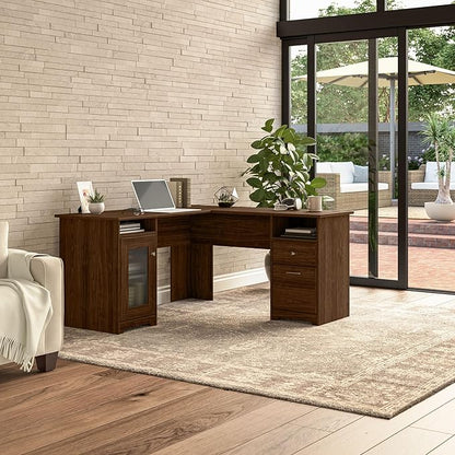 Bush Furniture Cabot L Shaped Computer Desk in Modern Walnut | Corner Table with Drawers for Home Office
