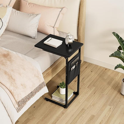 Vagusicc C Shaped End Table, Small Side Table for Couch, Couch Side Table Arm C Table for Sofa, TV Tray Slide Under Sofa Drink Table with Metal Frame for Living Room, Bedroom, Bedside, Black