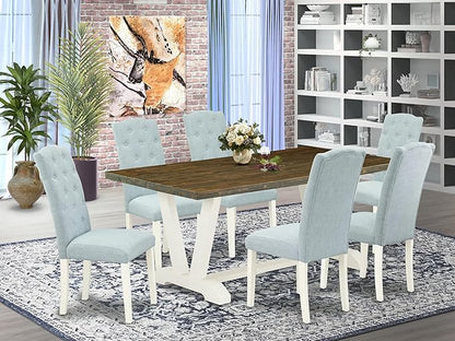 East West Furniture V077CE215-7 7 Piece Dining Set Consist of a Rectangle Dining Room Table with V-Legs and 6 Baby Blue Linen Fabric Upholstered Parson Chairs, 40x72 Inch, Multi-Color