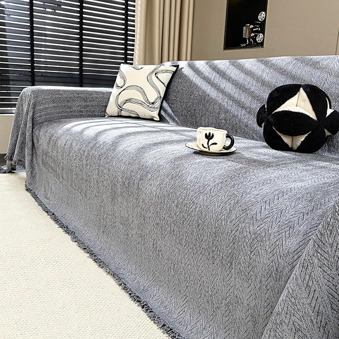 Nobildonna Sofa Cover Washable Soft Thicken Chenille Couch Cover with Tassel,Waterproof Sofa Slipcover for 2-3 Cushion Couch,Sectional Sofa,L-Shaped Furniture Protector Pet-Friendly,Dark Gray 71x118