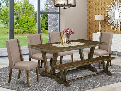 East West Furniture V777FL716-6 6 Piece Dinette Set Contains a Rectangle Dining Room Table with V-Legs and 4 Dark Khaki Linen Fabric Parson Chairs with a Bench, 40x72 Inch, Multi-Color