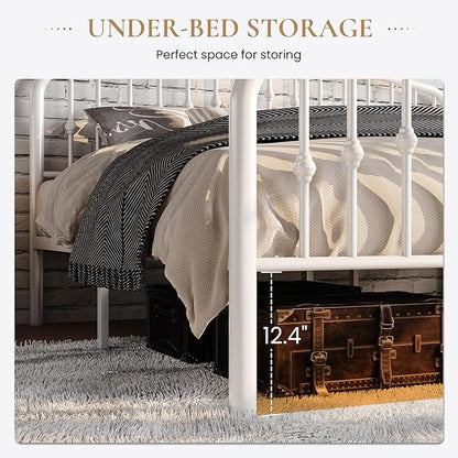 SHA CERLIN King Size Metal Platform Bed Frame with Victorian Style Wrought Iron-Art Headboard/Footboard, No Box Spring Required, White