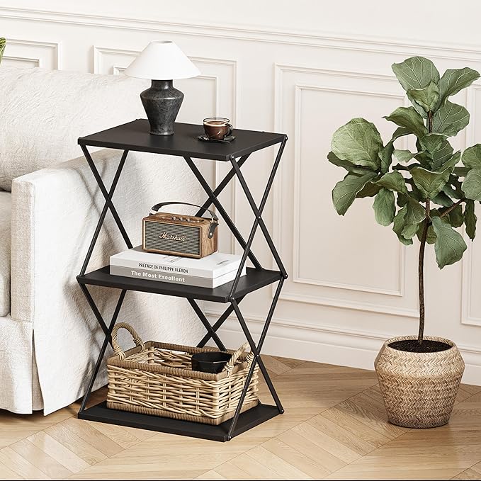3-Tier End Table Set of 2 Small Side Table Tall Bedside Night Stand with Storage Sofa Side desks for Living Room Bedroom Office Bathroom Small Space, Black ET-03BK-2
