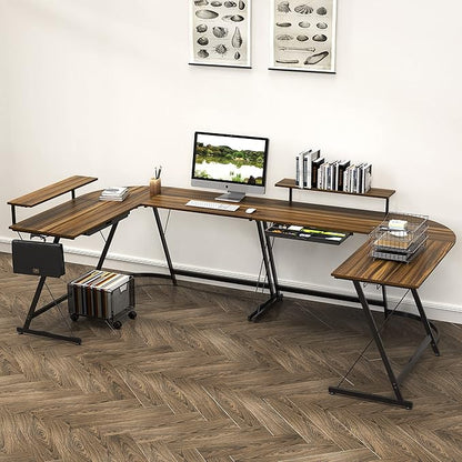 SHW 51 x 51 Inches Vista L-Shaped Desk with Monitor Stand and Drawer, Walnut
