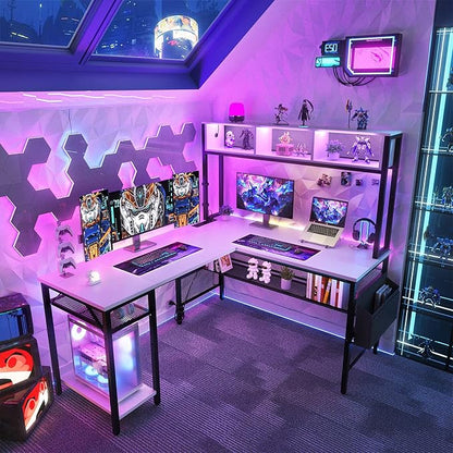 Unikito L Shaped Computer Desk with LED Strip and Power Outlets, Storage Shelves and Bag, Industrial Reversible Gaming Table Writing Corner Desk for Home Office Workstation, White