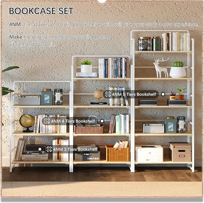 4NM No-Assembly 5 Tiers Folding Bookshelf Storage Shelves Vintage Bookcase Standing Racks Study Organizer Home Office (Natural White)