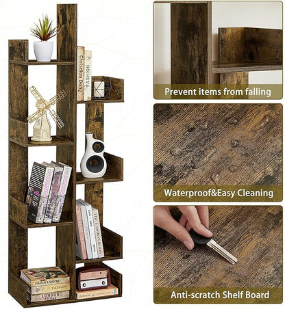 VECELO 8-Tier Tall Cactus-Shaped Tree Bookshelf, Vertical Bookcase with Waterproof Shelves & Rounded Corners, Modern Display Rack for Small Spaces in Living Room, Office, Bedroom, Rustic Brown