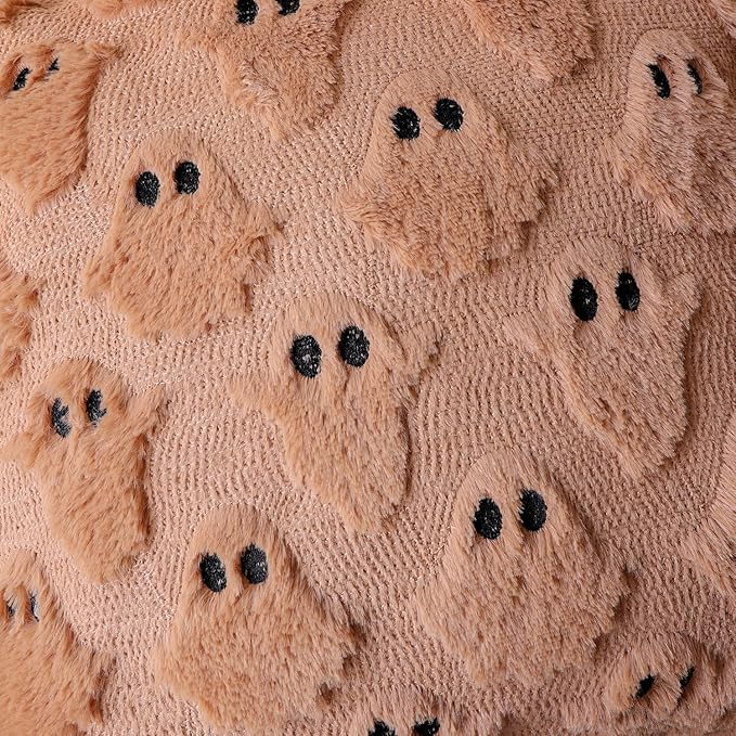 4TH Emotion Halloween Ghost Decorative Pillow Covers 16x16 Set of 2, Light Brown Soft Plush Faux Fur Farmhouse Throw Cushion Cases for Fall Autumn Holiday Home Decorations