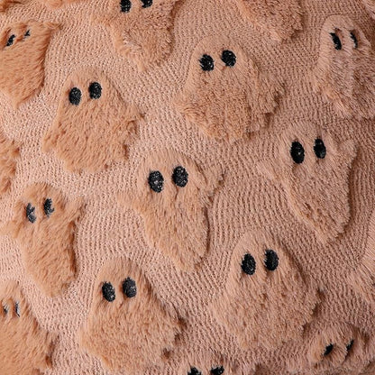 4TH Emotion Halloween Ghost Decorative Lumbar Pillow Covers 12x20 Set of 2, Light Brown Soft Plush Faux Fur Farmhouse Throw Cushion Cases for Fall Autumn Holiday Home Decorations