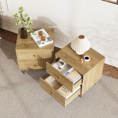 Wood Night Stand Set 2,Modern Bedside Table with Door and Open Storage Space,Fluted Nightstand and Wood End Side Table with Rose Gold Metal Legs and Handles for Bedroom,Living Room,Natural