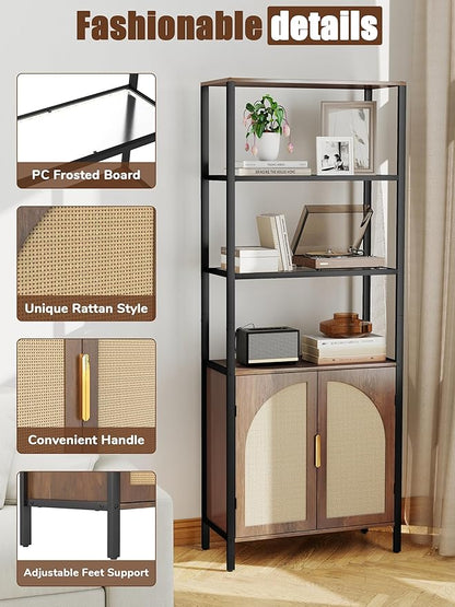 5 Tier Rattan Bookcase with Light 71" Tall Boho Bookshelf with Doors Large Bookcase with Adjustable Shelf Farmhouse Storage Cabinet Bookshelves for Living Room Bedroom Home Office Kitchen