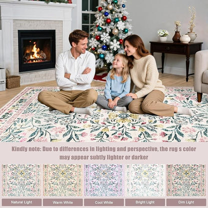 Area Rugs 9x12 Living Room: Floral Washable Rug Vintage Large Soft Boho Non-Slip Carpet Indoor Stain Resistant Low Pile Carpets for Bedroom Dining Room Farmhouse Nursery Hallway Home Office Pink Green