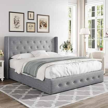 Allewie Full Size Lift Up Storage Bed, Button Tufted Headboard with Wingback, Hydraulic Support, No Box Spring Needed, Light Grey