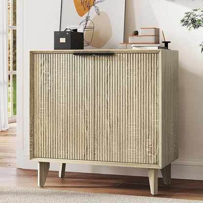 Fluted Cabinet with Storage, Small Buffet Storage with Doors, Buffet Sideborad Accent Cabinet with Adjustable Shelves for Living Room, Kitchen, Entry, Hallway, Natural