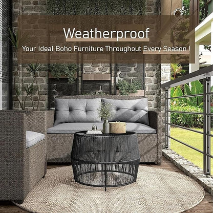 Muse & Lounge Co. Ysar Boho Rattan Round Coffee Table Outdoor with Metal Frame, All-Weather and Rust Resistant, Handcrafted Coastal Furniture for Patio, Poolside, Garden, Yard, Black