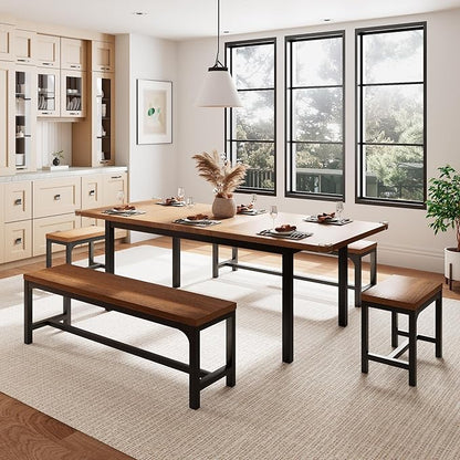 5 Pieces Dining Room Table Set for 4-6, 63" Extendable Kitchen Table Set with 2 Benches & 2 Stools, Small Dining Table Set with Metal Frame & MDF Board, Walnut