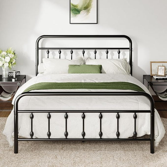 Allewie Queen Size Metal Platform Bed Frame with Victorian Style Iron-Art Headboard and Footboard, Easy Assembly, Under Bed Storage, No Box Spring Required, Black