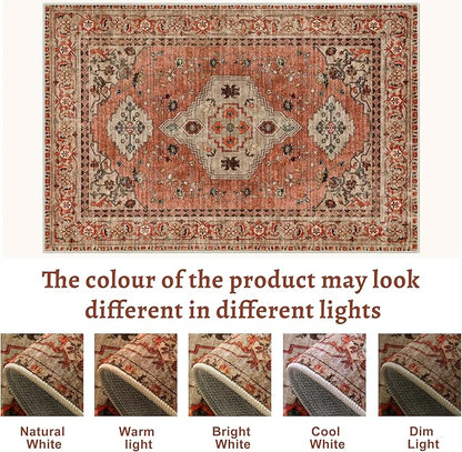 Boho Small Area Rug, 2x3 Washable Rug for Entryway, Vintage Throw Rug Oriental Non Slip Indoor Front Door, Distressed Terracotta Door Mat Carpet, Soft Low Pile Rugs for Entrance Kitchen Bedroom