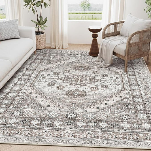 zesthome 4x6 Rug - Stain Resistant Washable Rug, Anti Slip Backing Rugs for Living Room, Foldable Vintage Small Area Rugs (Brown/Beige,4'x6')