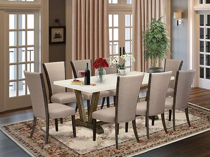 East West Furniture V727VE703-9 9 Piece Kitchen Table Set Includes a Rectangle Dining Table with V-Legs and 8 Brown Linen Fabric Parson Dining Room Chairs, 40x72 Inch, Multi-Color