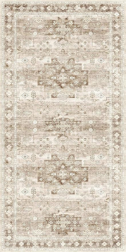 2x4 Boho Runner Rug, Neutral Farmhouse Entryway Rugs, Small Throw Runners for Hallway Bedroom Kitchen, Vintage Floral Design & Non-Slip Low-Pile Washable Stain Resistant Beige Latte