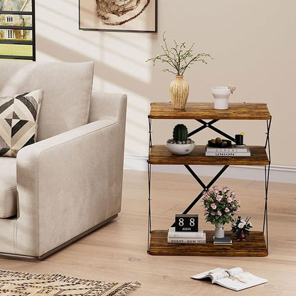 3-Tier End Table Set of 2 Small Side Table Tall Bedside Night Stand with Storage Sofa Side desks for Living Room Bedroom Office Bathroom Small Space Rustic Brown ET-04RB-2