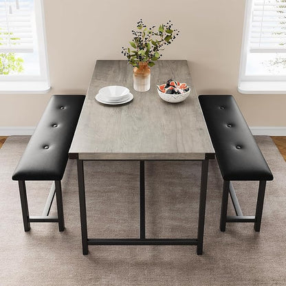 Dining Table Set for 4, Kitchen Table with 2 Upholstered Benches, 3-Piece Dining Room Set for Kitchen, Apartment and Small Spaces, Gray