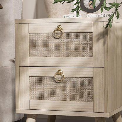 BOLUO Wooden Night Stand with 2 Drawer, Rattan Small Nightstand Boho Bedside Table for Cozy Bedroom