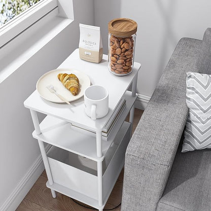 Small Side Table with Charging Station, End Table for Small Spaces, Slim Nightstand with Outlet,Sofa Beside Table, 3-Tier Storage Shelf,Living Room, Bed Room, Natrual White