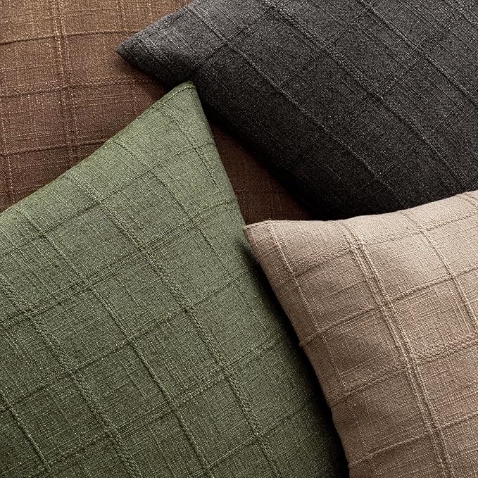 Foindtower Set of 2 Decorative Linen Check Throw Pillow Covers Neutral Farmhouse Vintage Cushion Covers Modern Boho Home Decor for Sofa Chair Couch Bedroom Living Room Outdoor,16×16 Inch,Olive Green
