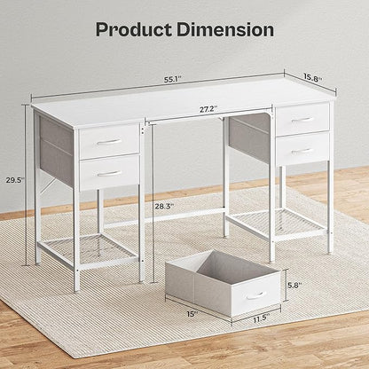 Huuger 55 Inch White Desk with 4 Drawers, Vanity Desk with Mesh Shelf for Makeup, Computer Desk for Home Office with Large Storage, Bedroom, Work from Home